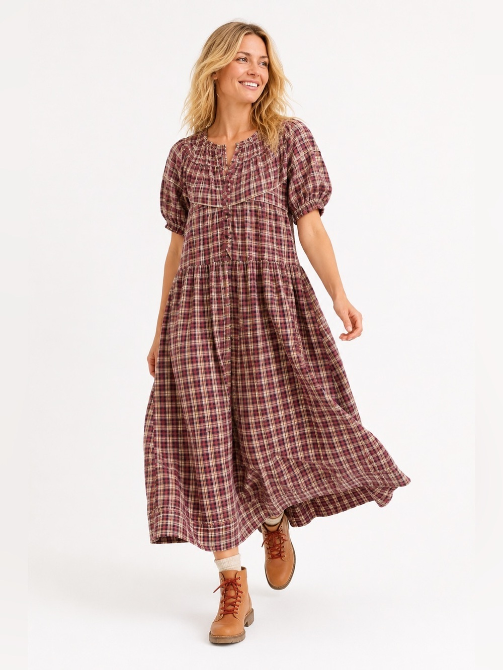 THE GREAT. Red and Green Plaid Maxi Dress size 0